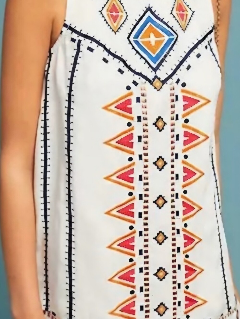 Anthropologie White Dress with Pink, Orange & Blue Embroidery